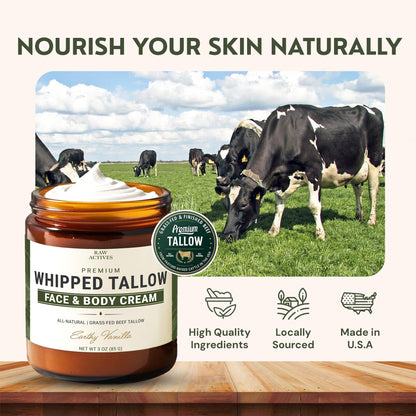 RAW ACTIVES Beef Tallow for Skin Care – 100% Grass-Fed, 3oz with Jojoba, Prickly Pear, Rosehip, Tamanu, Neroli, Vanilla & Manuka Honey