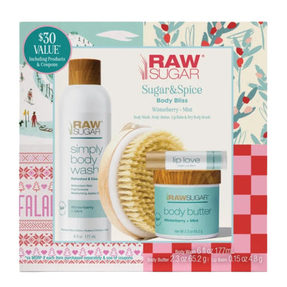 Raw Sugar Body Bliss Gift Set — Winterberry + Mint | Body Wash, Body Butter, Lip Balm & Dry Body Brush