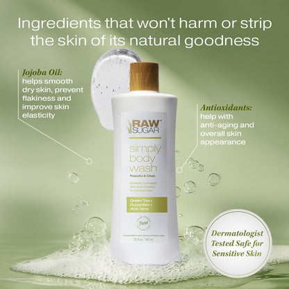 RAW SUGAR Green Tea Aloe Soother Body Wash – Gentle, Hydrating 3‑Pack | Vegan, SLS/SLES & Paraben Free