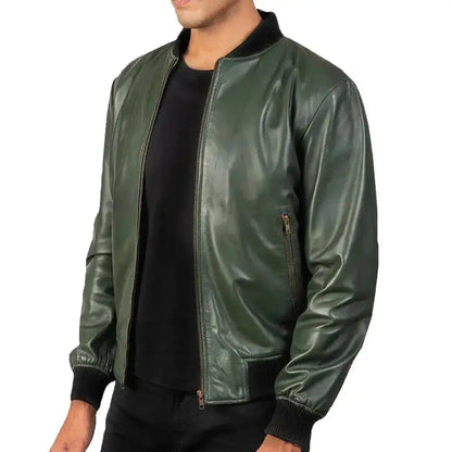 Men’s Green Leather Motorcycle Bomber Jacket