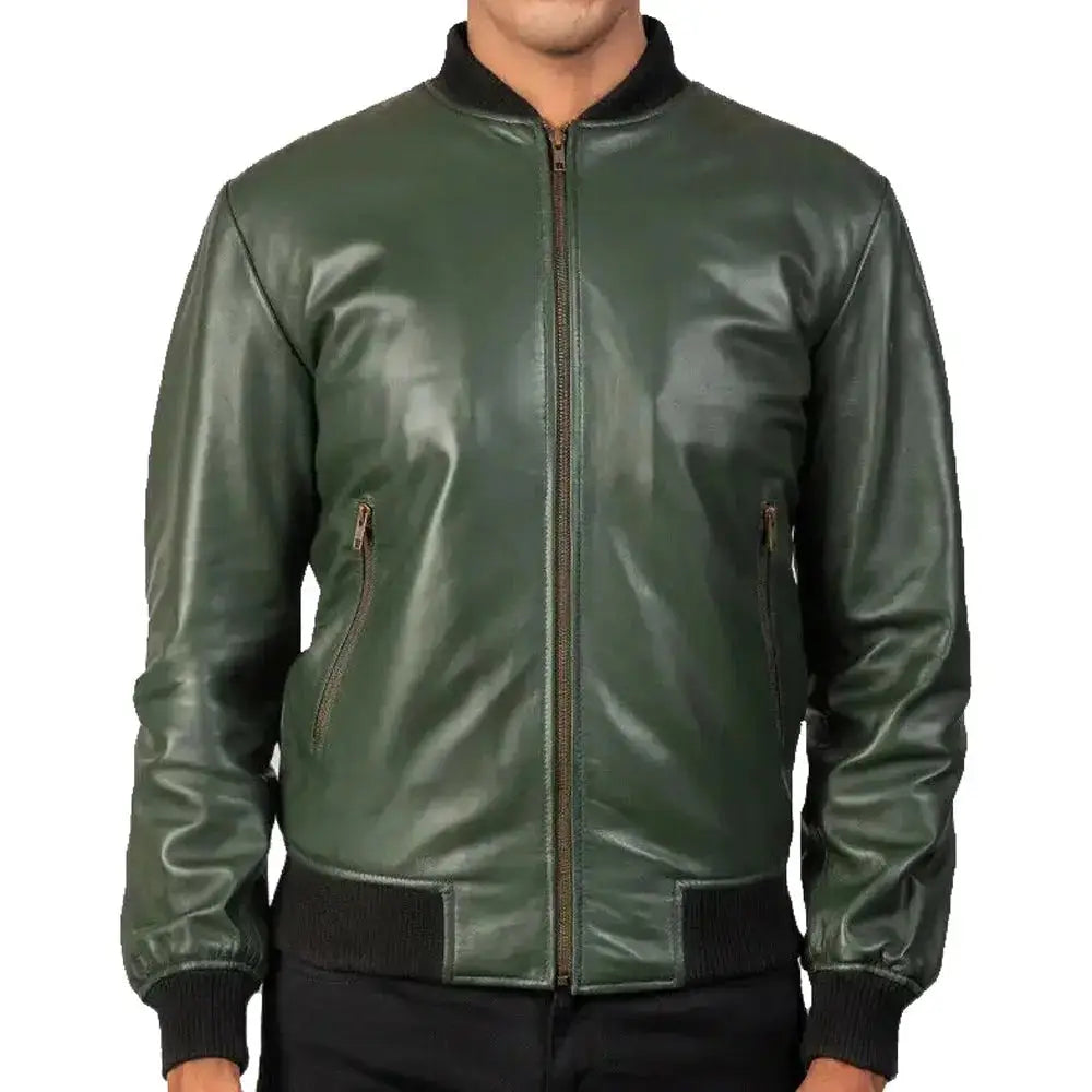 Men’s Green Leather Motorcycle Bomber Jacket