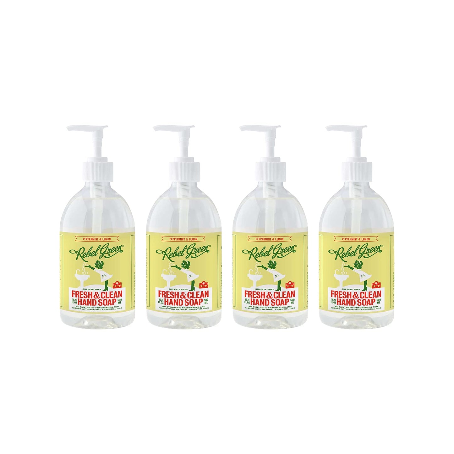 Rebel Green Liquid Hand Soap – Moisturizing Natural Hand Wash (Peppermint & Lemon) – Pack of 4, 16.9 fl oz