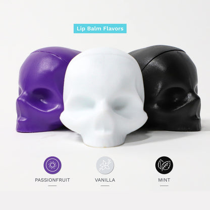 REBELS REFINERY 3-Piece Neapolitan Skull Lip Balm Bundle – Passion Fruit, Black Mint, White Vanilla