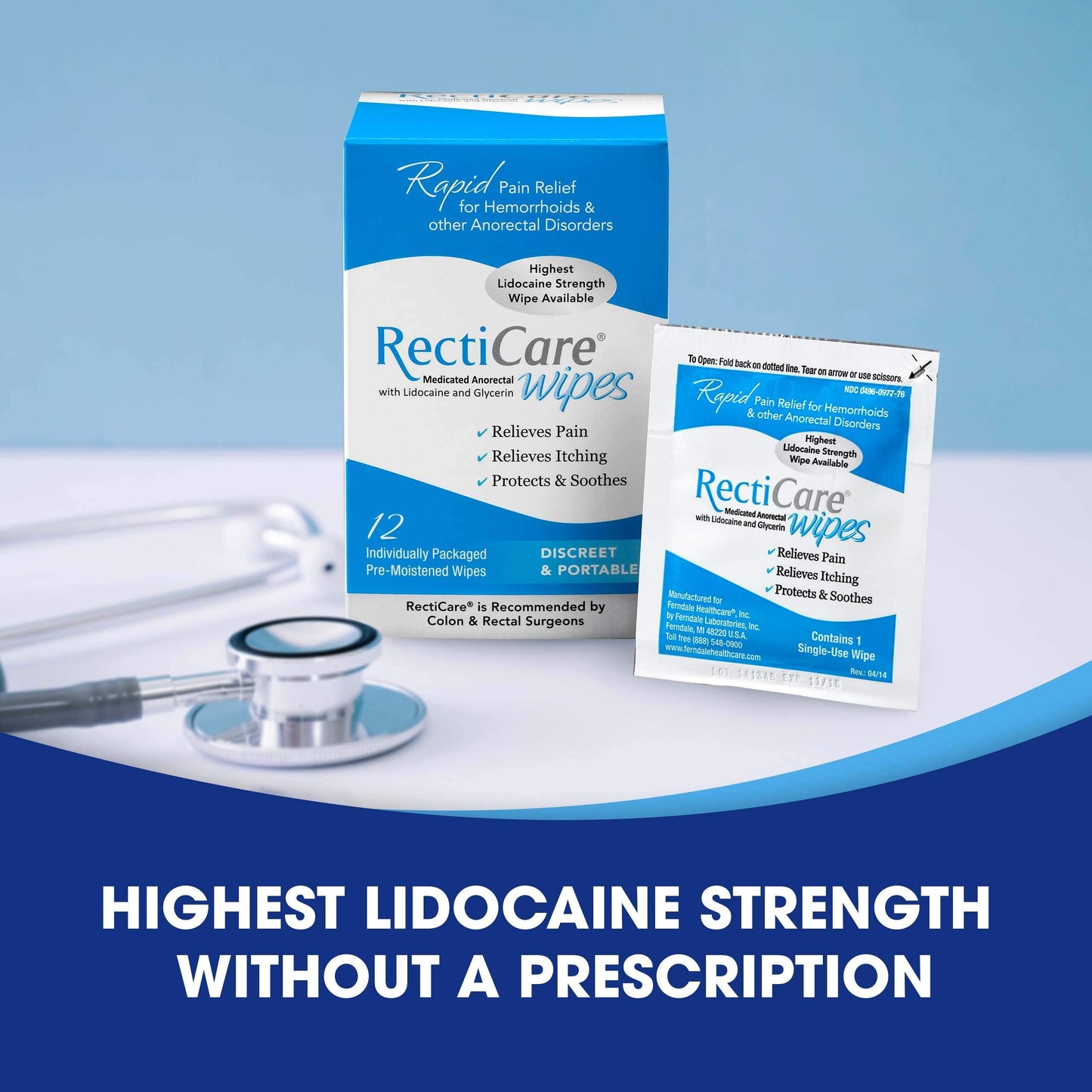 RectiCare Medicated Anorectal Wipes – Maximum Strength 5% Lidocaine – 12 Pack