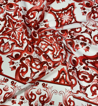 Majolica Floral Scroll Red White Fabric by the Metre