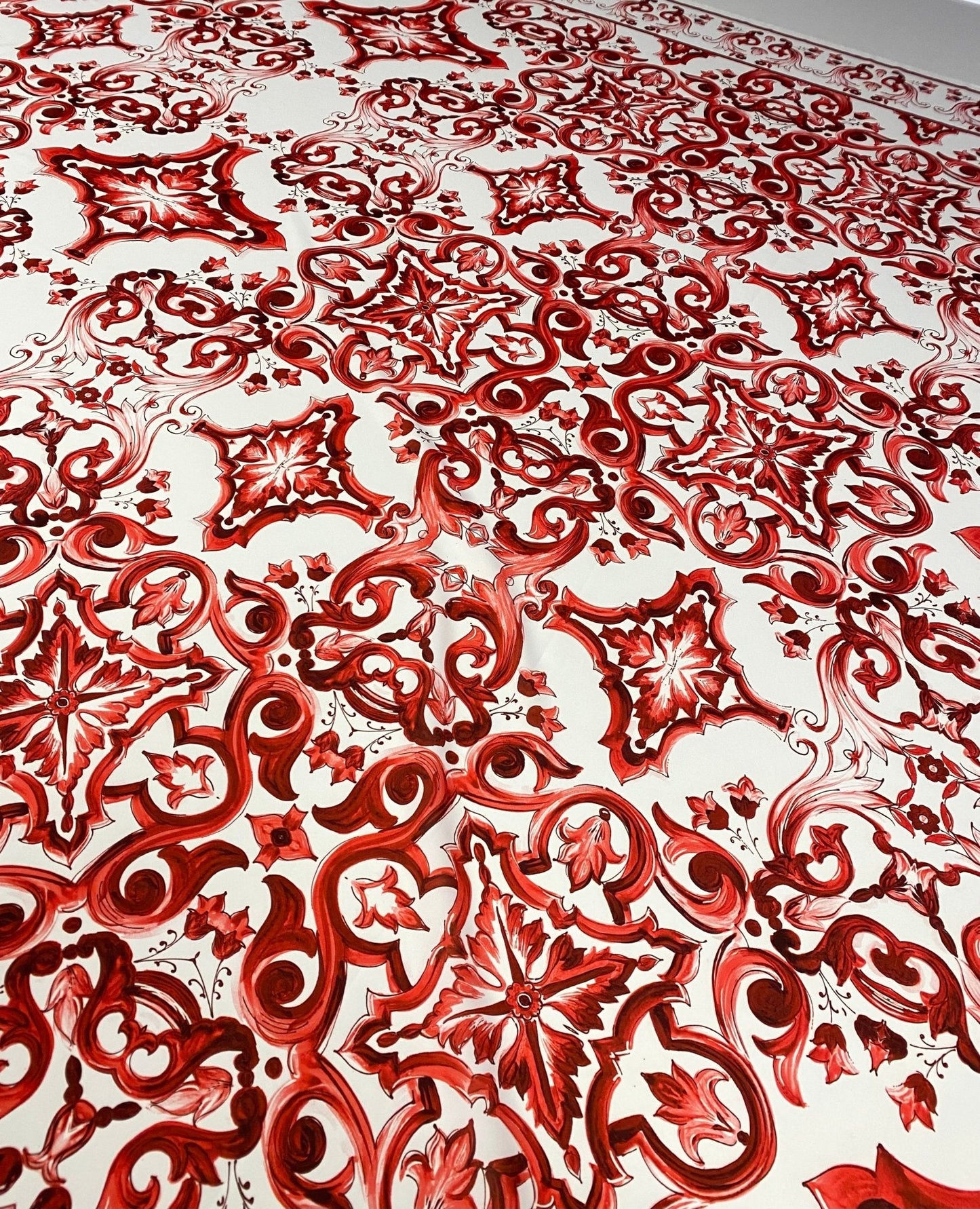 Majolica Floral Scroll Red White Fabric by the Metre