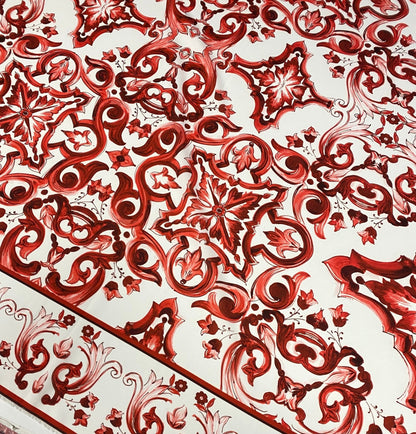 Majolica Floral Scroll Red White Fabric by the Metre