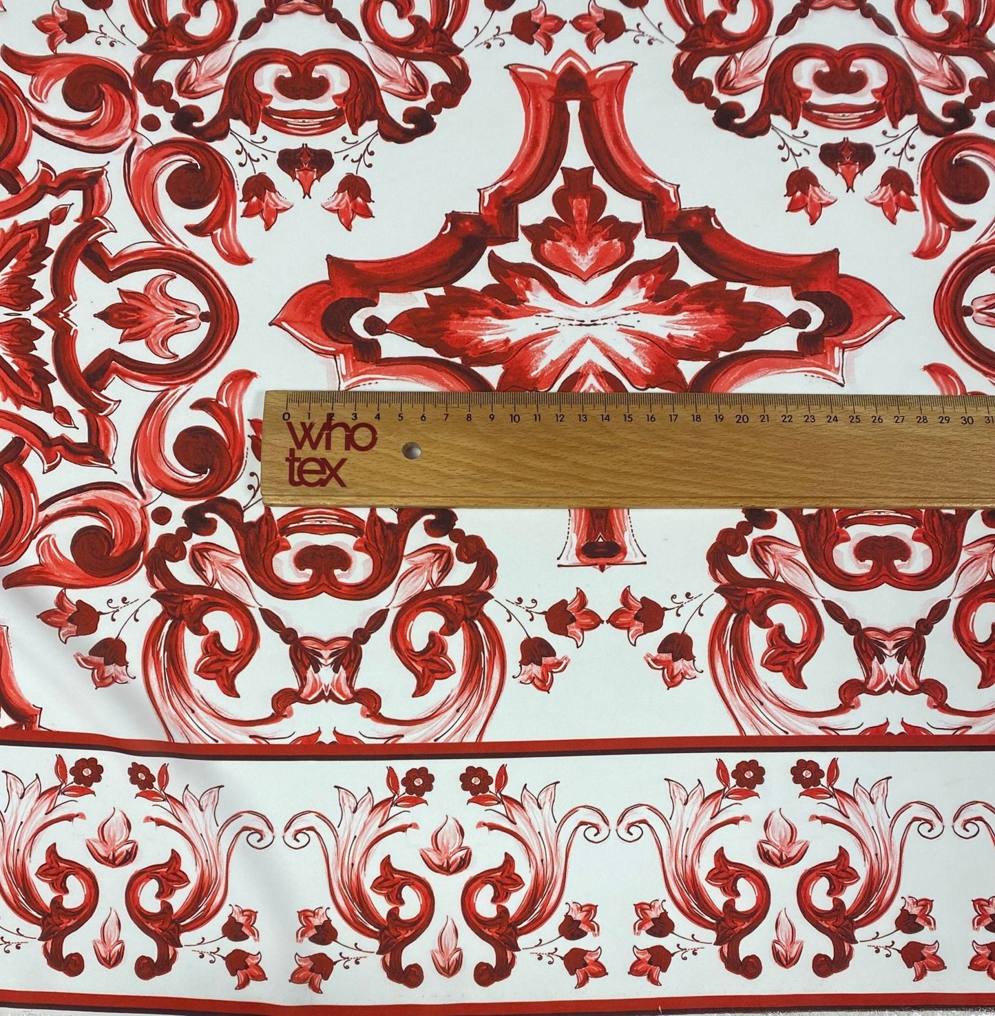 Majolica Floral Scroll Red White Fabric by the Metre