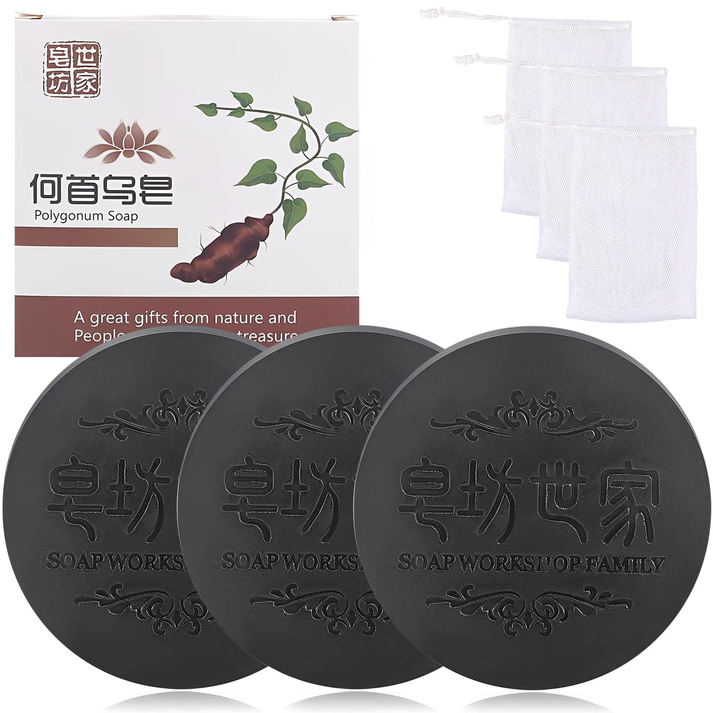 Rednow Black & Thick Hair Fallopia Multiflora Shampoo Bar with Foaming Net (3 pcs) – Polygonum & Shou Wu Extract