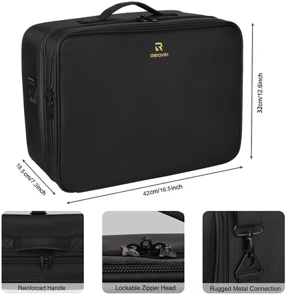 Relavel Extra Large Makeup Case – Premium Travel Train Case with Adjustable Dividers