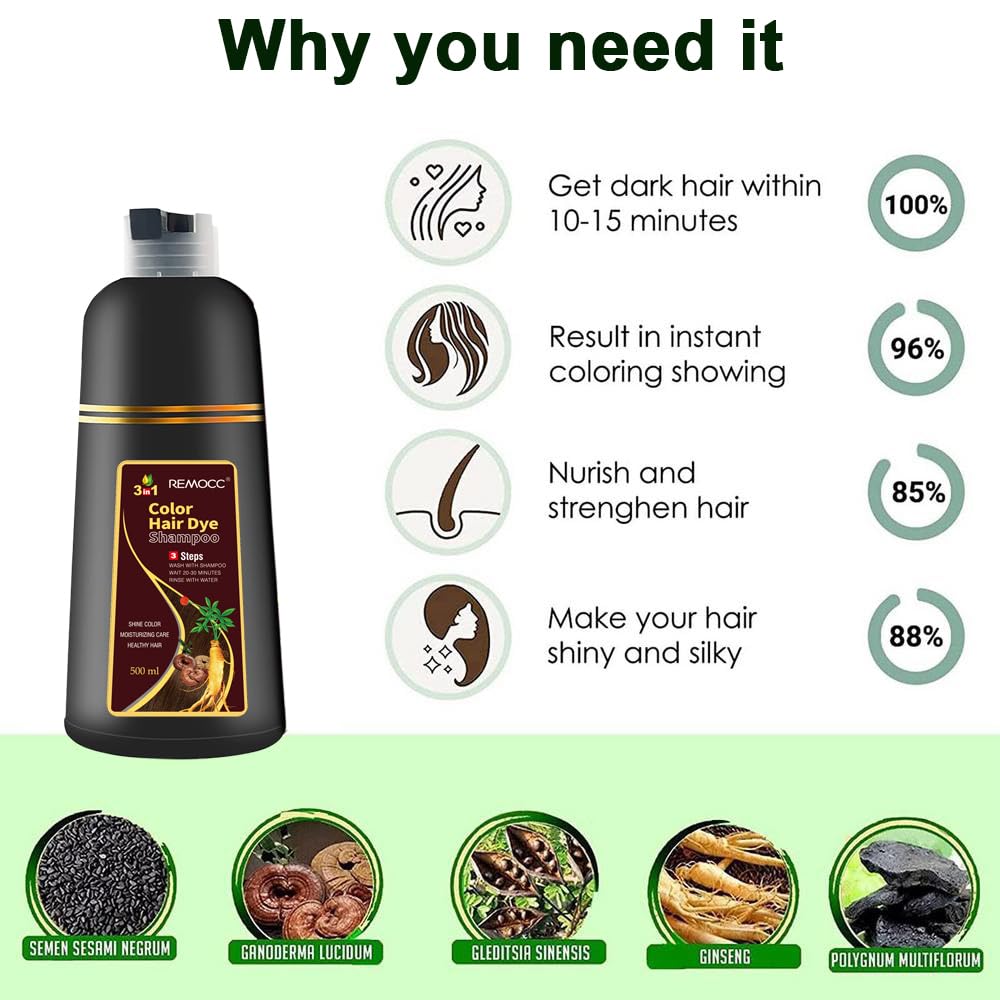 Remocc Instant Chestnut Hair Dye Shampoo 3 in 1 – 100% Gray Coverage in Minutes, 500ml