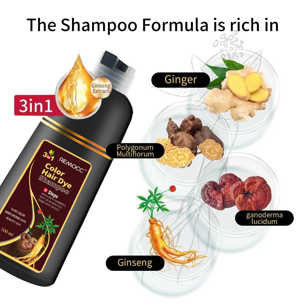 Remocc Instant Brown Hair Dye Shampoo – 3-in-1 Gray Coverage, Herbal 500ml