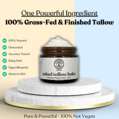 Reroot Organics Naked Tallow Balm – 1 Ingredient, Grass-Fed Beef Tallow, 2oz