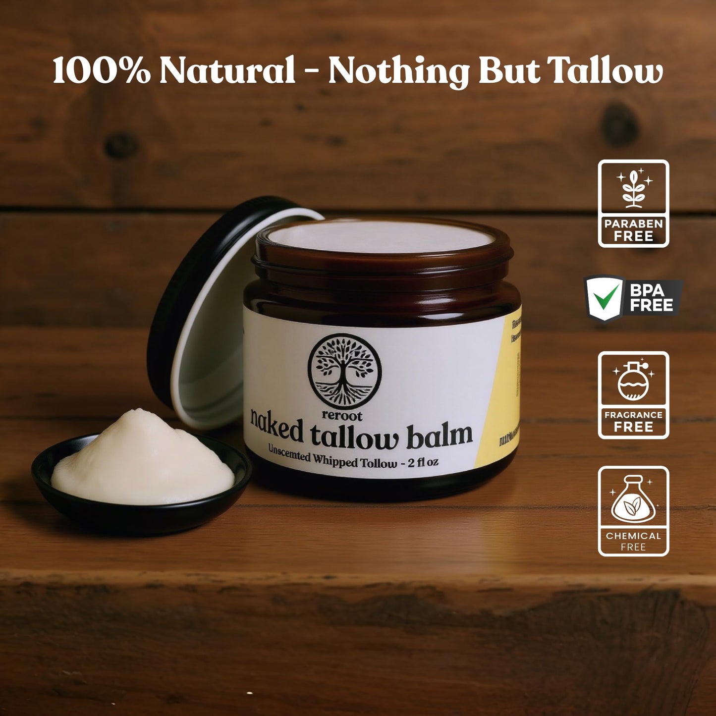 Reroot Organics Naked Tallow Balm – 1 Ingredient, Grass-Fed Beef Tallow, 2oz