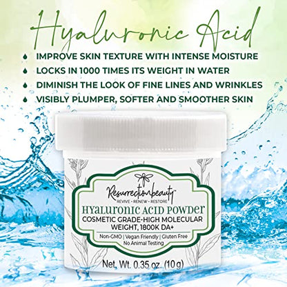 RESURRECTIONbeauty Pure Hyaluronic Acid Powder – High Molecular Weight Sodium Hyaluronate, 10g for DIY Serums & Masks