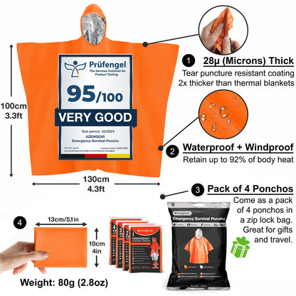 Emergency Survival Poncho (4pc) Thermal Mylar Foil Coating Blanket for Heat Retention and Rain | Reversible with Hood | Waterproof, Windproof, Portable, Hands-free, Outdoor Kit