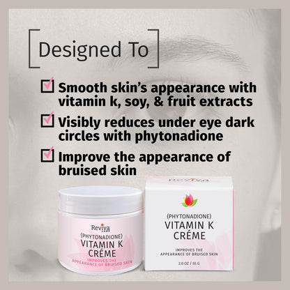 Reviva Labs Vitamin K Creme for Bruising, Dark Circles & Wrinkles – Soybean Oil & Natural Fruit Extracts, 2 oz
