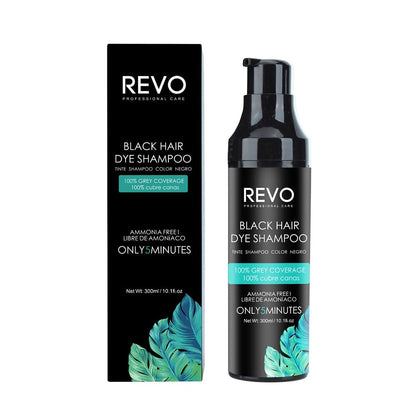 REVO Instant Black Hair Dye Shampoo – 3-in-1 Color & Conditioning (300ml) – Ammonia-Free, 5-Minute Gray Coverage