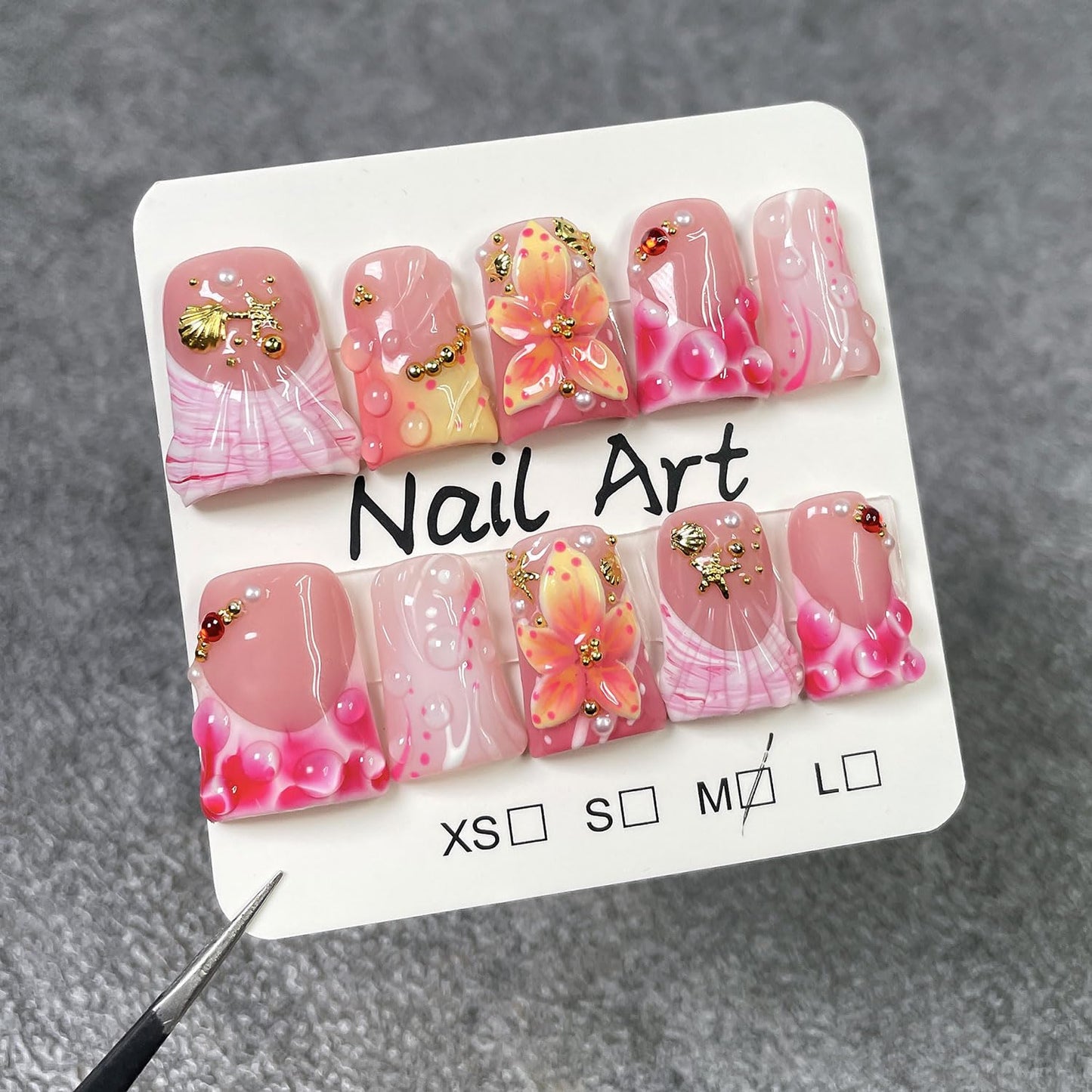 RIICFDD Duck Press-On Nails – 10-Piece Medium Handmade Thick Acrylic with 3D Flowers & Shell Starfish