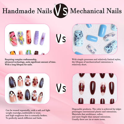 RIICFDD 24-Piece Duck Nail Set | 12 Sizes | French Tip Press-On Nails with Glue, 3D Cherry Flower Rhinestones