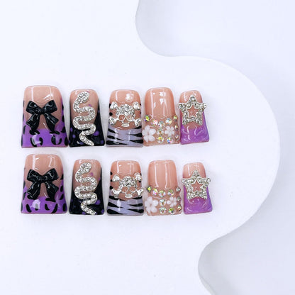 RIICFDD Duck 3D Nails Set – Almond Shape, Bow & Stars Rhinestones, Full Cover, Reusable