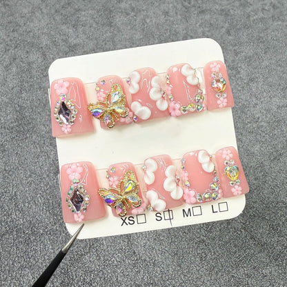 RIICFDD Duck Nail Set – 24-Piece Press-On Nails with Glue, 12 Sizes, 3D Butterfly Rhinestones, Nude Pink Full Cover