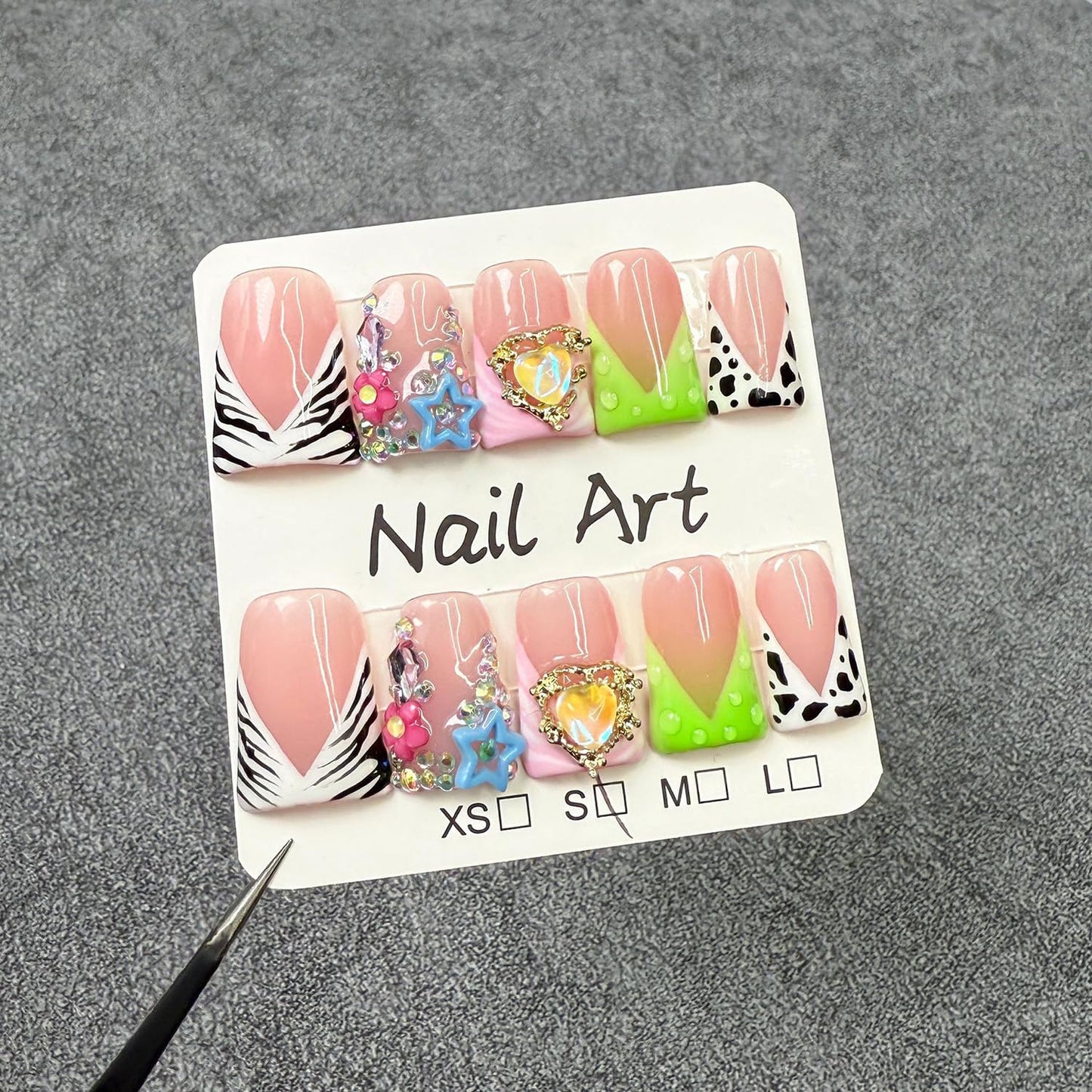 RIICFDD 10 Pcs Handmade Duck Press-On Nails – Medium, French Tip, 3D Heart Rhinestones, Glue Included