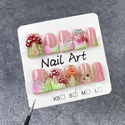 RIICFDD Luxury Handmade Press-On Nails – Medium Duck with 3D Mushroom Art (Size S)