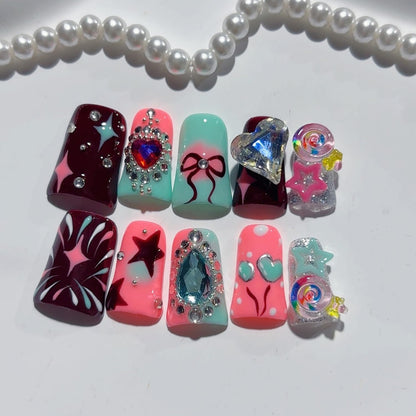 RIICFDD Duck Press-On Nails – 10 Pcs Handmade, 3D Rhinestone Hearts, Reusable Full Cover (Size M)