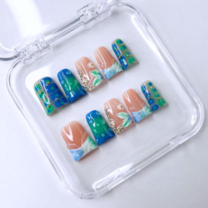 RIICFDD Handmade Duck Press on Nails – Medium 3D Flower Rhinestones Full Cover Kit (10 Nails)