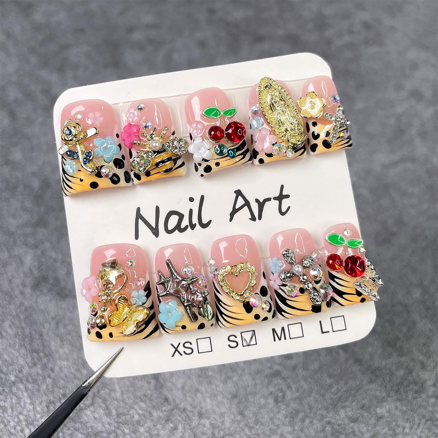 RIICFDD 10 Pcs Duck Press-On Nails – Handmade French Tip with 3D Flowers, Butterfly & Leopard Print (Glossy)
