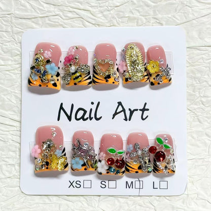 RIICFDD 10 Pcs Duck Press-On Nails – Handmade French Tip with 3D Flowers, Butterfly & Leopard Print (Glossy)