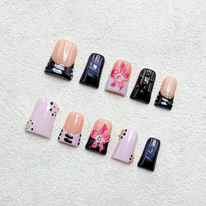 RIICFDD 10 Pcs Handmade Duck Press-On Nails – 3D Flower Gold Pearl Design (Size M)