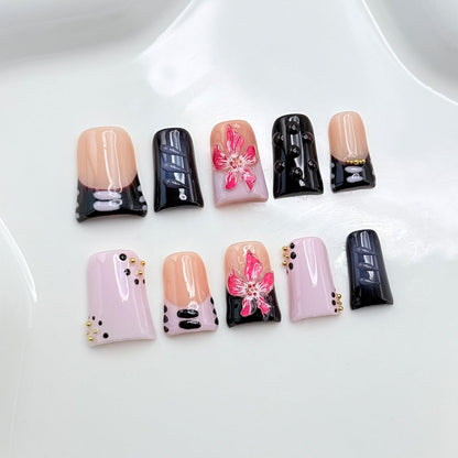RIICFDD 10 Pcs Handmade Duck Press-On Nails – 3D Flower Gold Pearl Design (Size M)