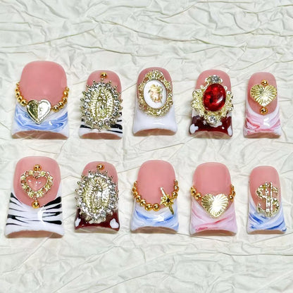 RIICFDD 10 Pcs Duck Press-On Nails Sea Waves Pink French Tip – 3D Golden Heart, Reusable Acrylic Kit