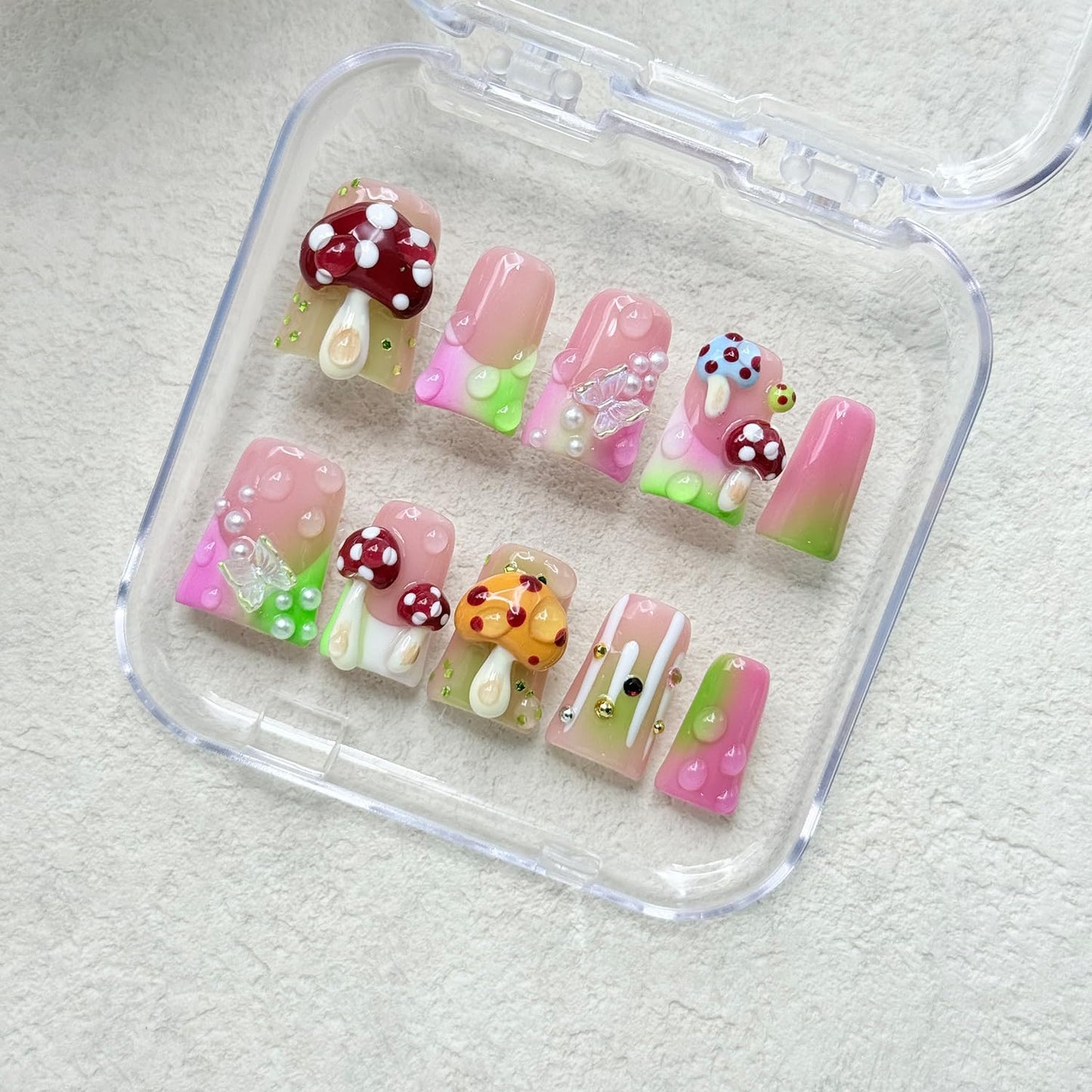 RIICFDD Luxury Handmade Press-On Nails – Medium Duck with 3D Mushroom Art (Size S)
