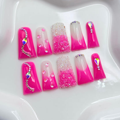 RIICFDD Handmade Press-On Nails – Long Duck Nails, Rose Pink Rhinestones, Reusable Acrylic (Size M)