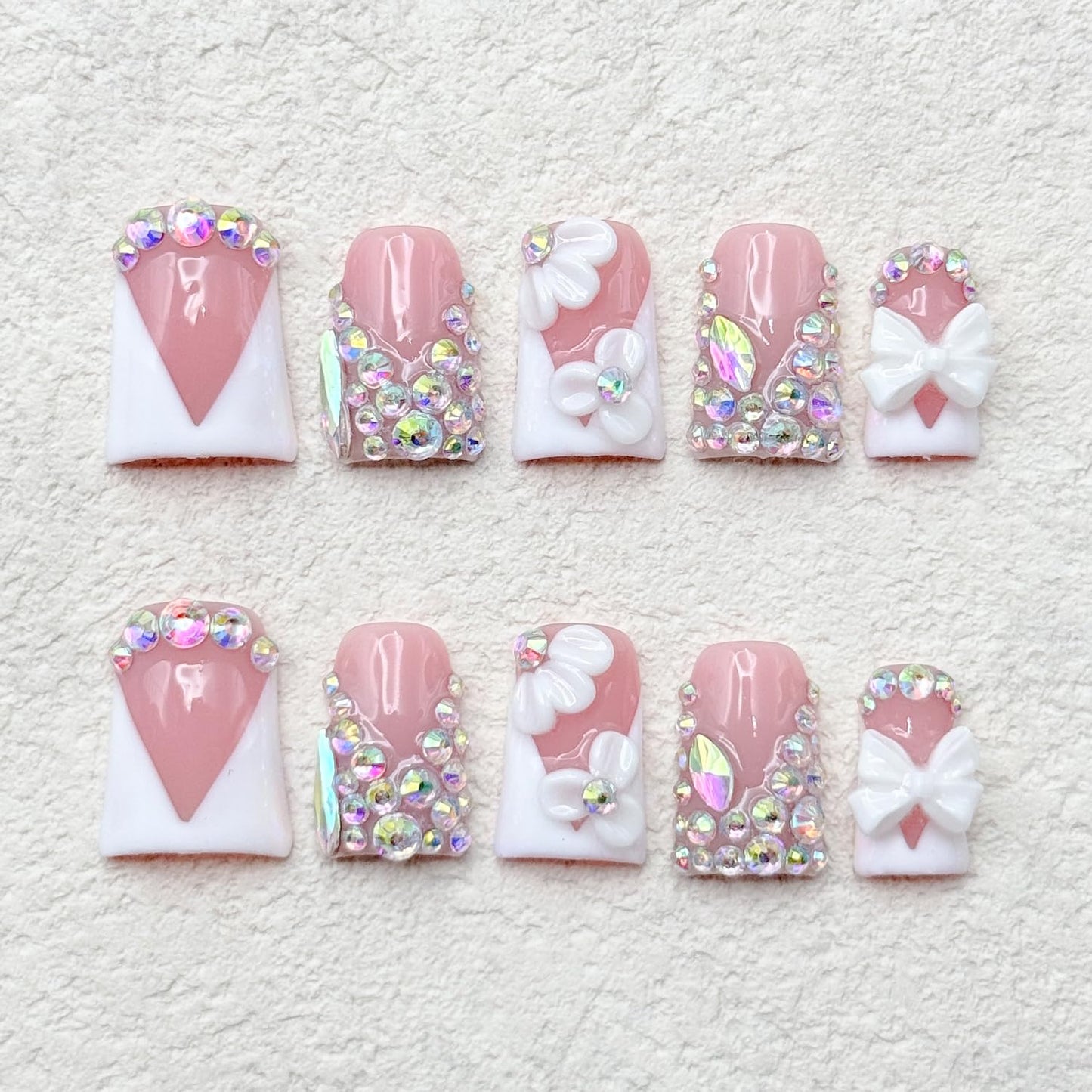 RIICFDD Luxury Rhinestone Medium Duck Press-On Nails – Nude 5D Flower Art & White French