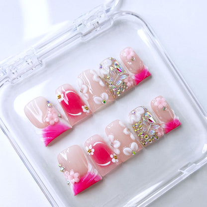 RIICFDD 10 Pcs Handmade Press-On Nails – Medium Duck, Rose Pink with 3D Flowers & Butterfly Rhinestones