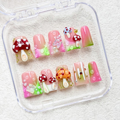 RIICFDD Luxury Handmade Press-On Nails – Medium Duck with 3D Mushroom Art (Size S)