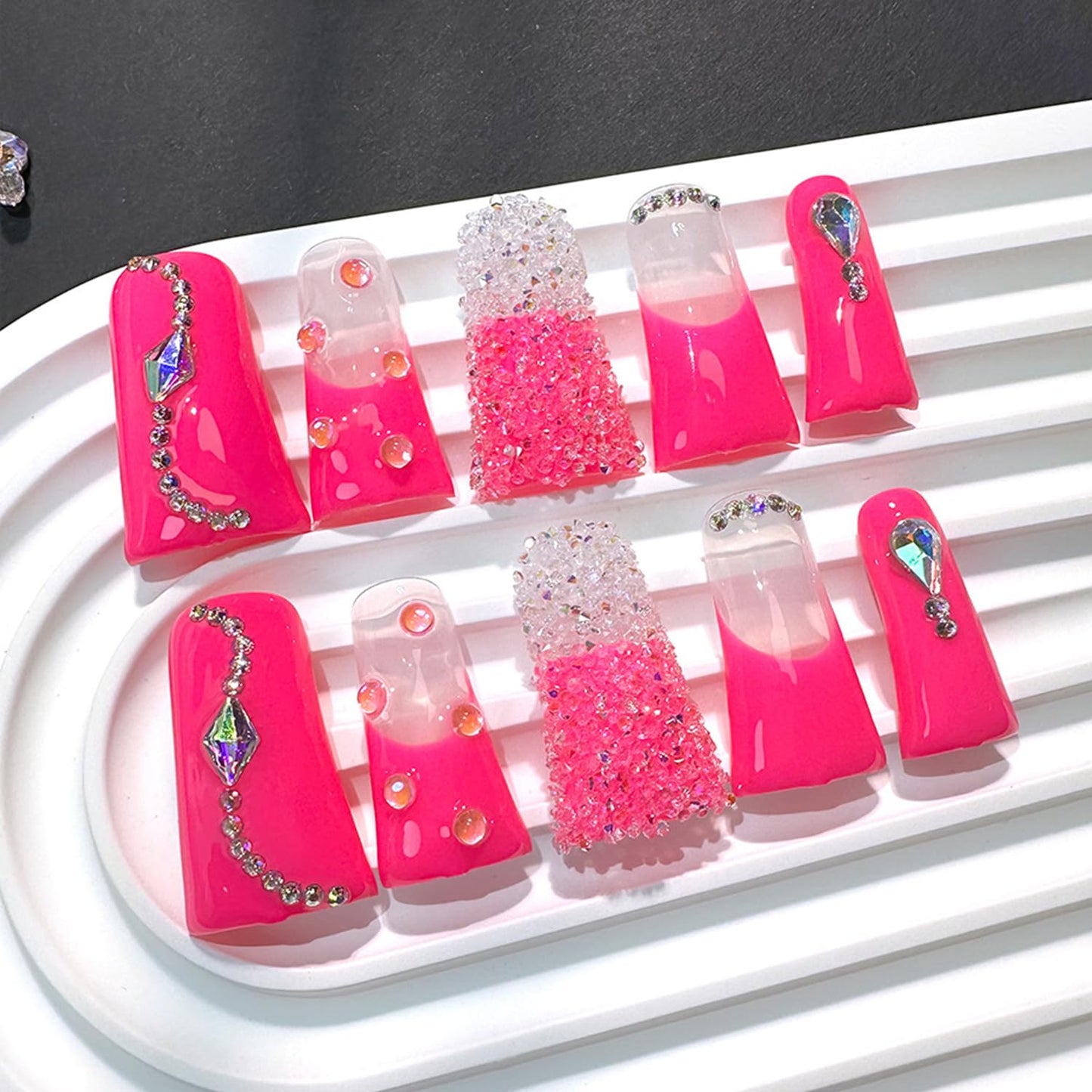RIICFDD Handmade Press-On Nails – Long Duck Nails, Rose Pink Rhinestones, Reusable Acrylic (Size M)