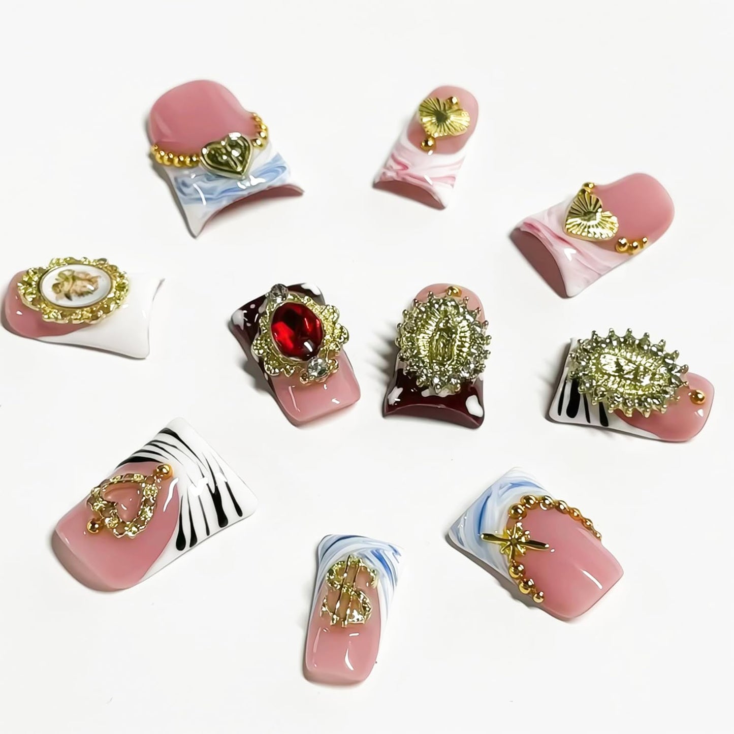 RIICFDD 10 Pcs Duck Press-On Nails Sea Waves Pink French Tip – 3D Golden Heart, Reusable Acrylic Kit