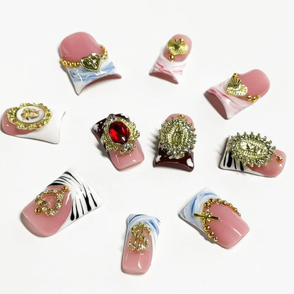 RIICFDD 10 Pcs Duck Press-On Nails Sea Waves Pink French Tip – 3D Golden Heart, Reusable Acrylic Kit