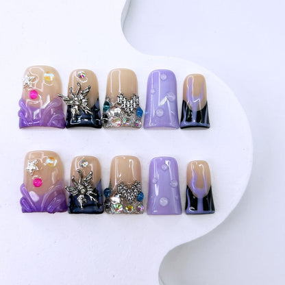 RIICFDD 10 Pcs Handmade Press-On Nails – Medium Duck Design, 3D Butterfly Rhinestones, Glue-On, Reusable