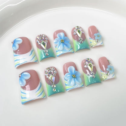 RIICFDD Luxury Handmade Press-On Nails – Light Green French with Blue 3D Flower, Glue Included