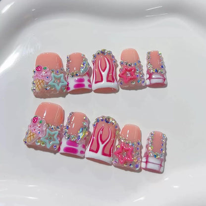 RIICFDD 10 Pcs Thick Press-On Nails – Nude Pink Glossy, Reusable with Glue (Size M)