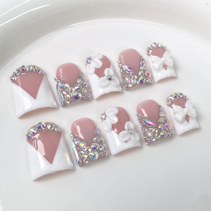 RIICFDD Luxury Rhinestone Medium Duck Press-On Nails – Nude 5D Flower Art & White French