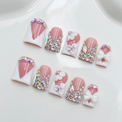 RIICFDD Luxury Rhinestone Medium Duck Press-On Nails – Nude 5D Flower Art & White French