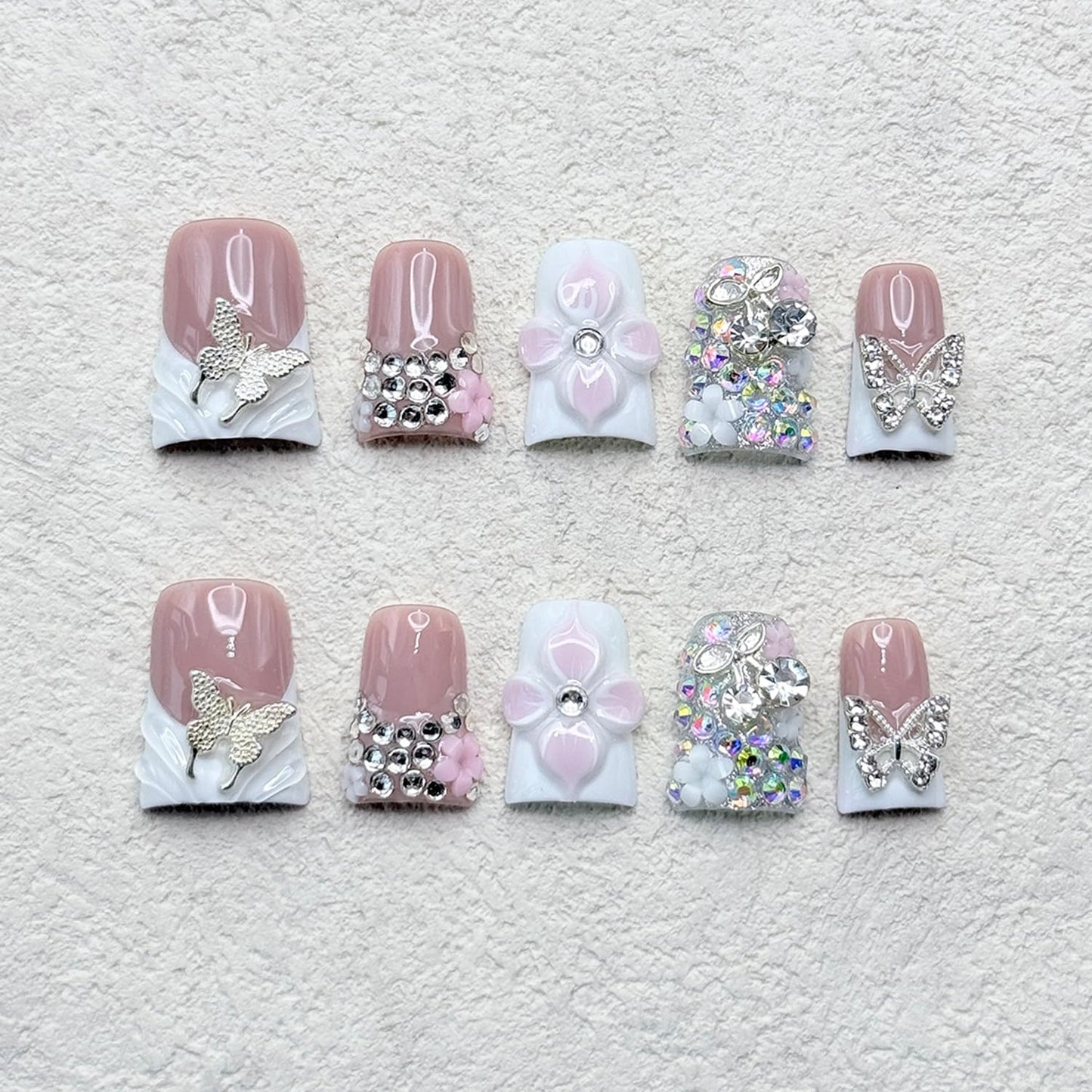 RIICFDD Handmade Press-On Nails – Duck Design, 3D Flowers & Rhinestones (Size M)