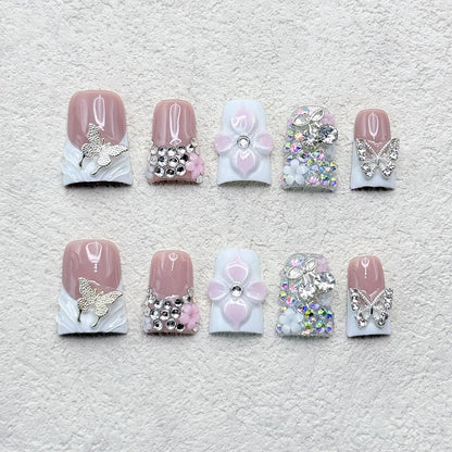 RIICFDD Handmade Press-On Nails – Duck Design, 3D Flowers & Rhinestones (Size M)